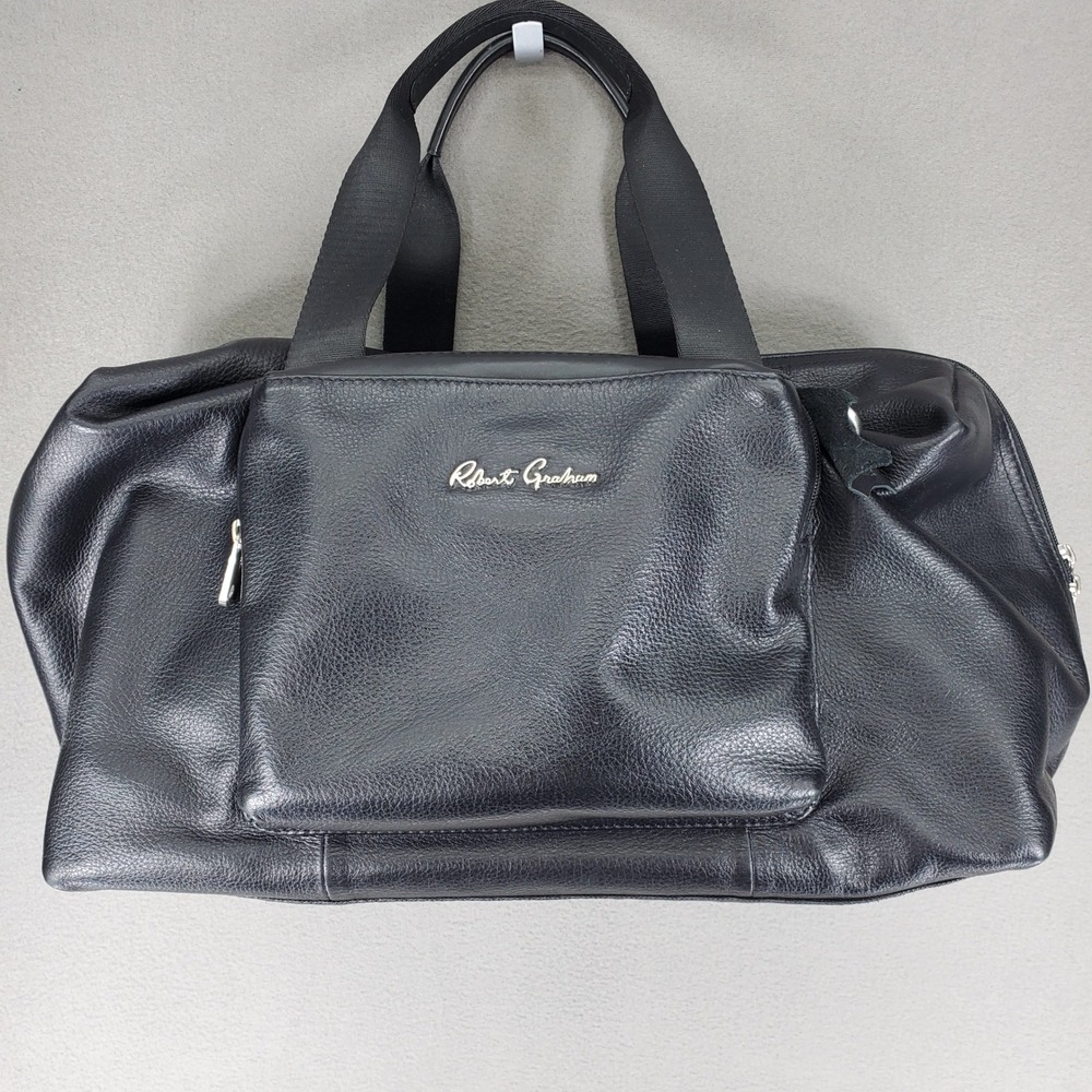Robert Graham Duffel Bag Black Leather Pebbled Weekender Travel Luggage Bag